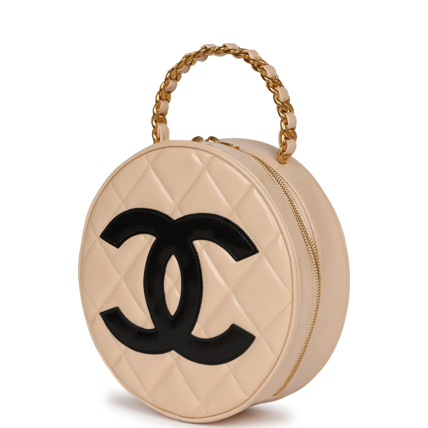 Vintage Chanel Round Vanity Bag Beige and Black Patent Leather Antique Gold Hardware - Image 5