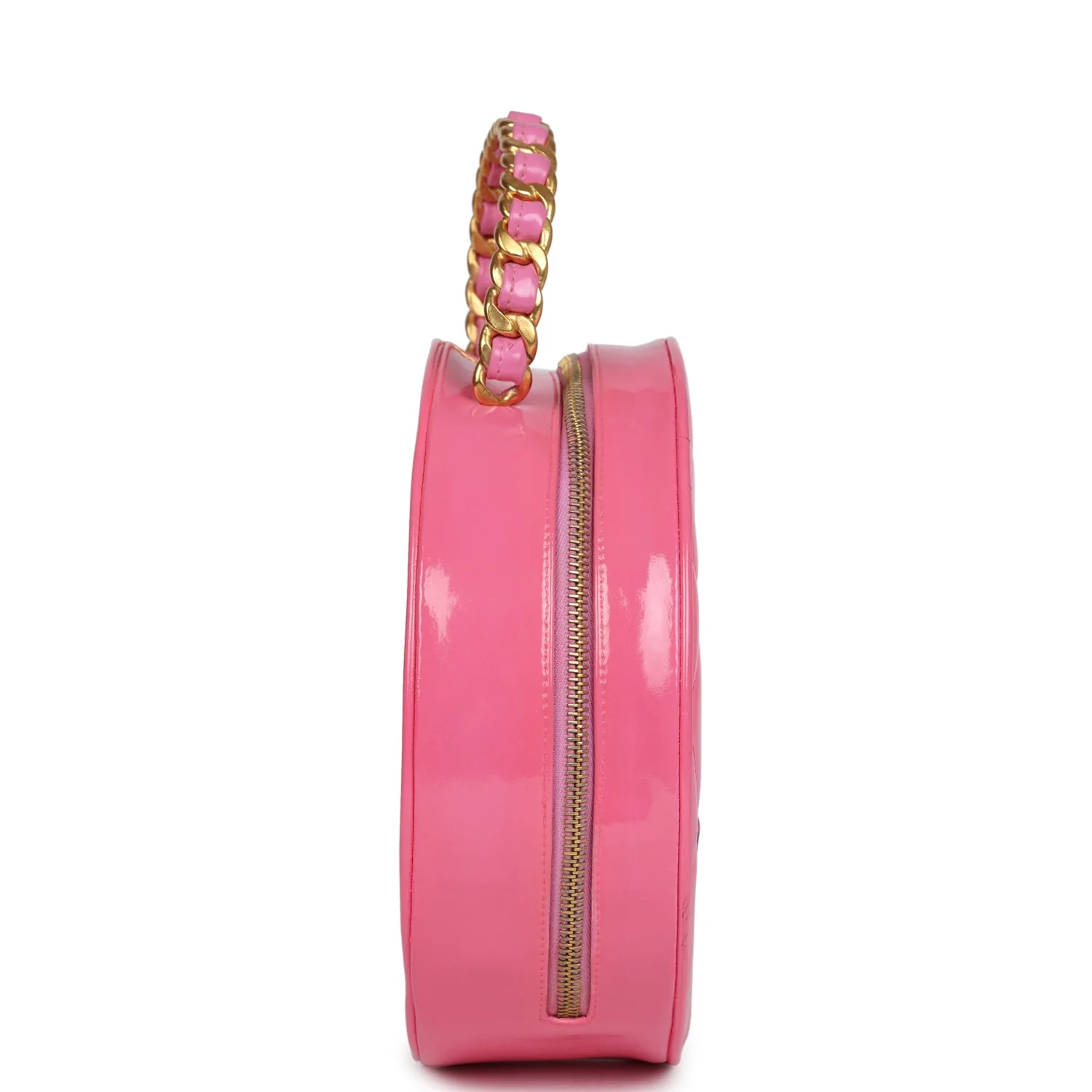 Vintage Chanel Round Vanity Bag Pink and Black Patent Leather Antique Gold Hardware - Image 3