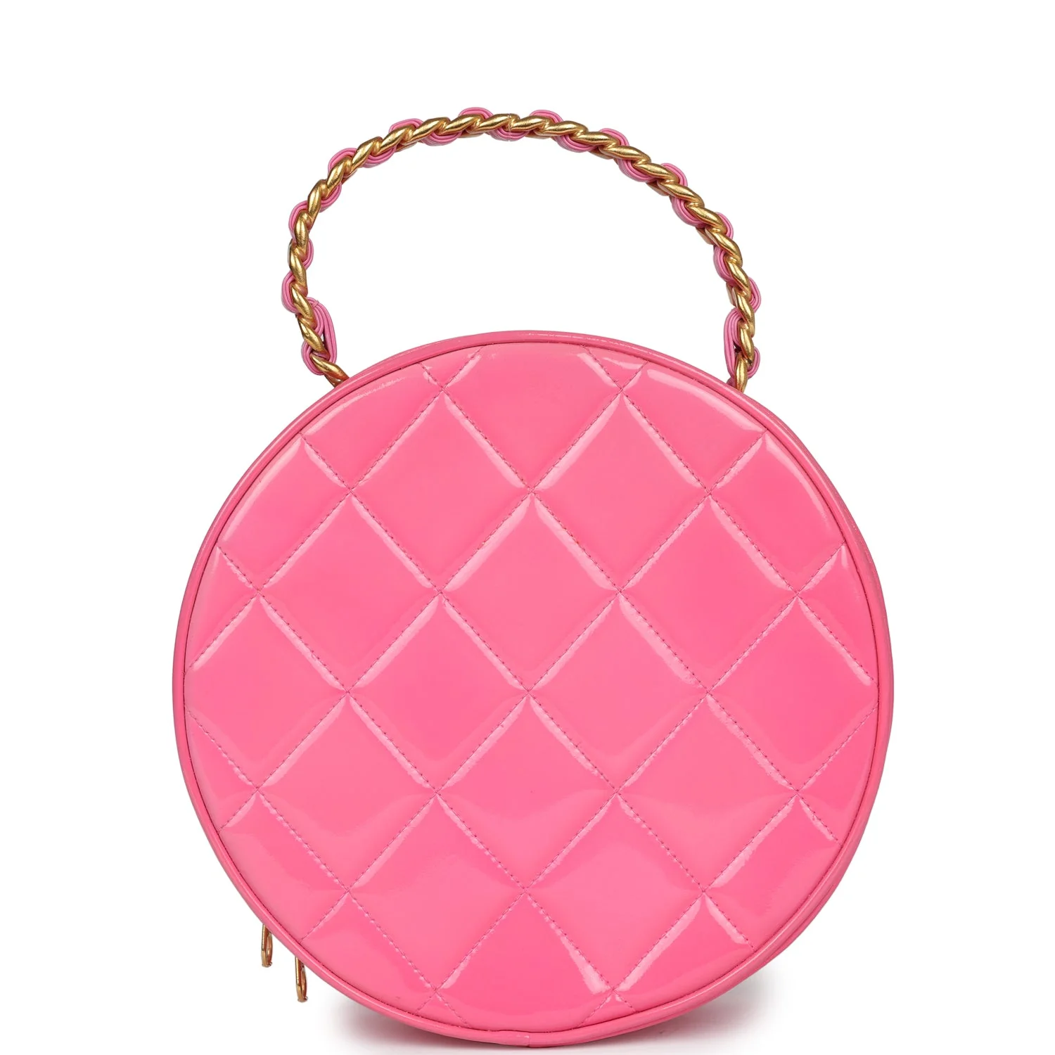 Vintage Chanel Round Vanity Bag Pink and Black Patent Leather Antique Gold Hardware - Image 4
