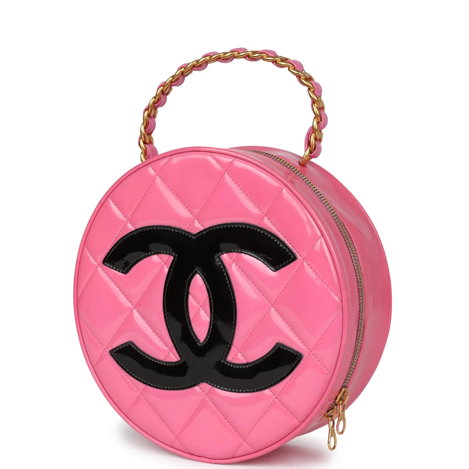 Vintage Chanel Round Vanity Bag Pink and Black Patent Leather Antique Gold Hardware - Image 5
