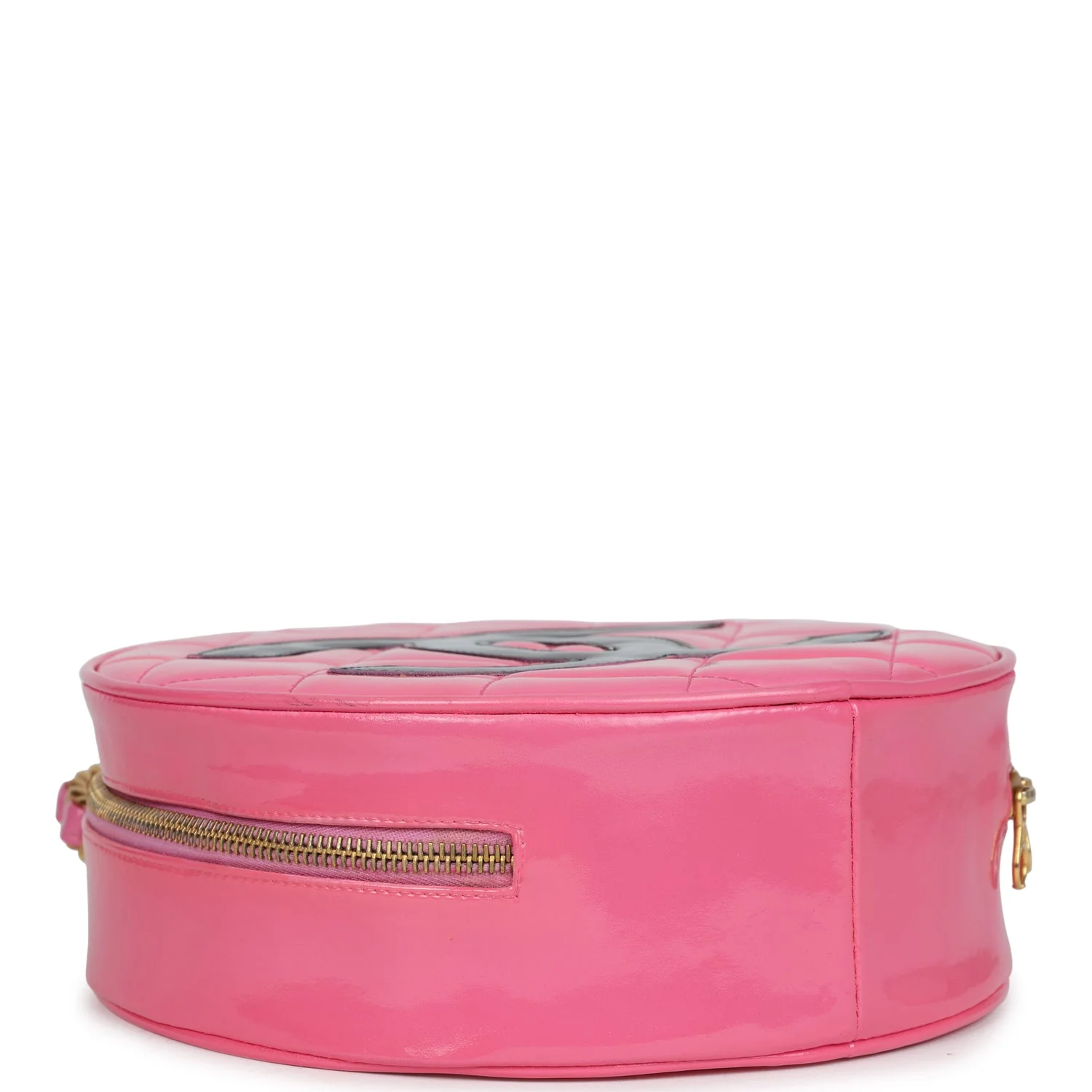 Vintage Chanel Round Vanity Bag Pink and Black Patent Leather Antique Gold Hardware - Image 8